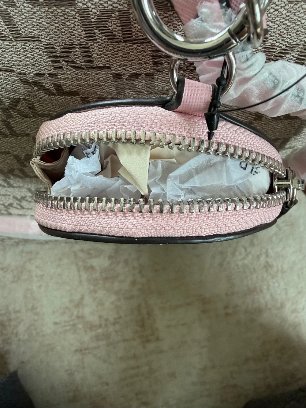 Karl Lagerfeld Paris Beige Monogram Adele Tote with Pink Coin Pouch
